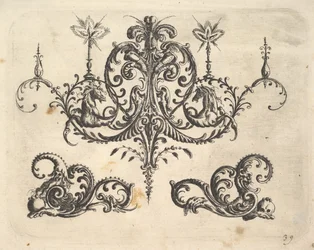 Fantastyczny żyrandol z płonącymi świecami i arabeskami, niektóre zakończone fantastycznym koniem..., 1610.