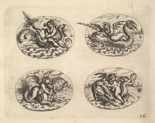 Cztery owale z Genii, tabliczki z Neue Grotessken Buch, 1610.