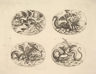 Putti z potworami morskimi, talerze z Neue Grotessken Buch, 1610.