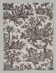 Fragment bawełny z nadrukiem miedziorytowym z wzorem Les quatres party du monde, 1788.
