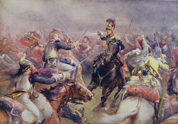 Szarża ciężkiej brygady przeciwko francuskim kirasjerom pod Waterloo, z „Brytyjskich bitew na lądzie i morzu” pod redakcją Sir Evelyna Wooda (1838-1919) opublikowana po raz pierwszy w 1915 r.