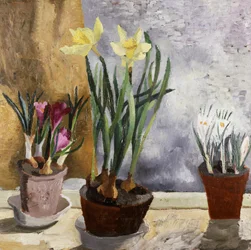 Krokus i narcyz (żonkile) w doniczkach. Obraz Christophera Wooda (1901-1930) Kolekcja prywatna.