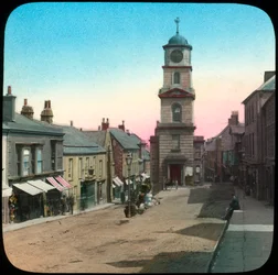Town Hall and Market Street, Penryn, Cornwall, koniec XIX lub początek XX wieku