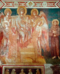 Madonna ma dzieci na tronie, czterech aniołów i św. Franciszka z Asyżu Fresk z Cimabue (Cenni di Pepo) (1272-1302) 1278-1280 Wymiary 320x340 cm. Asyż, bazylika San Francesco, dolny kościół
