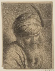 Popiersie mężczyzny w pierzastym turbanie i długiej brodzie.