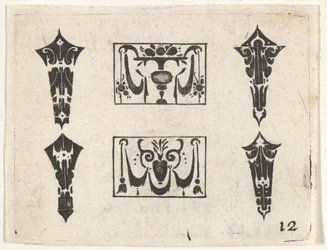 Blackwork Print z dwoma poziomymi panelami i czterema ramkami, ca. 1620.