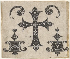 Blackwork Print z krzyżem łacińskim i małymi motywami, ca. 1620.