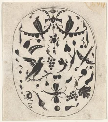 Owalny druk czarnego haftu z ptakami, owadami i owocami, około 1620
