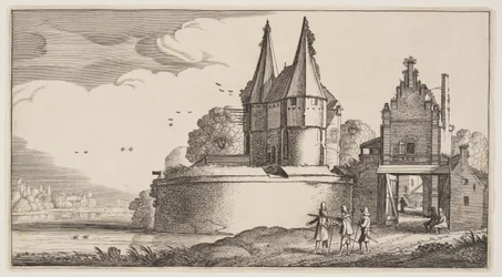 Bastion i brama miejska nad rzeką, z Landscapes (Playsante Lantschappen)