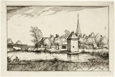 Staw i wioska, płyta piętnasta po Obrazach gospodarstw, domów wiejskich i rustykalnych wiosek (Praediorum villarum et rusticarum casularum icones)