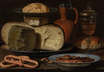Martwa natura z serami, migdałami i preclami, ok. 1615