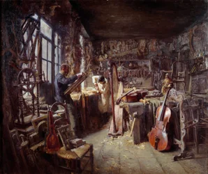 Konserwator w swoim warsztacie pełnym instrumentów. Obraz Claude