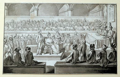 Królowa Francji Maria Antonina przed Trybunałem Rewolucyjnym: dni 14.15,16.10.1793 Prawnikiem, który bronił się w jego sprawie, jest Claude Francois Chauveau-Lagarde (1756-1841). Rysowanie czarnym tuszem Wym. 0,097x0,15m. Paryż, Luwr