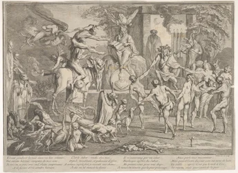 Sabat czarownic w nocnym pejzażu, nekromanta siedzący u góry pośrodku, ok. 1700-1720