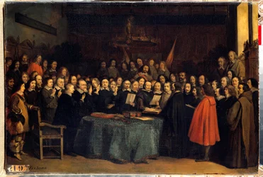 Pokój westfalski: zaprzysiężenie po ratyfikacji pokoju między Hiszpanami a Niderlandczykami w ratuszu w Münsterze 15/05/1648. Zakończył wojnę trzydziestoletnią. Obraz Claudiusa Jacquanda
