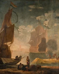 Scena portowa z żołnierzem i postaciami na nabrzeżu, 1825.