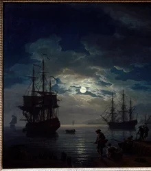 Moonlight połowów Nocny widok na port. Szczegół. Obraz Josepha Verneta (1714-1789) 1773 Paryż, Musee du Louvre