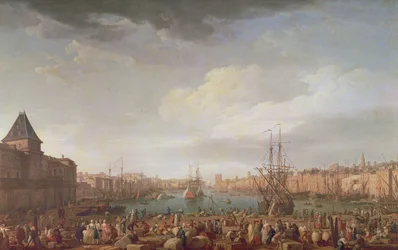 Poranny widok na wewnętrzny port w Marsylii i pawilon Horloge du Parc, 1754