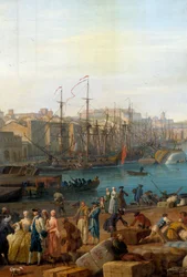 Port w Marsylii w XVIII wieku. Fragment przedstawiający wyładunek towarów. Obraz Josepha Verneta (1714-1789)