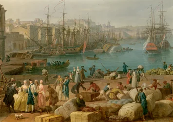 Port w Marsylii w XVIII wieku Szczegół przedstawiający rozładunek towarów. Obraz Josepha Verneta (1714-1789) XVIII-wieczny Paryż. Muzeum Morskie