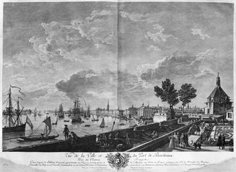 Widok na miasto i port w Bordeaux widziany z Chateau Trompette, cykl „Les Ports de France”, sztychowany przez Charlesa Nicolasa Cochina Młodszego