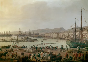 Widok na port w Tulonie Szczegółowo, stary port, widok zaczerpnięty z wybrzeża sklepów. Obraz Josepha Verneta (1714-1789) 1756. Paryż, Musee de la Marine - Widok na port morski w Tulonie. Szczegół. Obraz Josepha Verneta (1714-1789), olej na płótnie