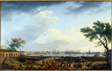 Widok na port w Tulonie i Arsenał Obraz Josepha Verneta (1714-1789) XVIII wiek. Paryż, Muzeum Marynarki