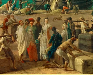 szczegół: Port w Marsylii w XVIII wieku”” Szczegół przedstawiający rozładunek towarów. Obraz Josepha Verneta (1714-1789) XVIII-wieczny Paryż. Muzeum Morskie