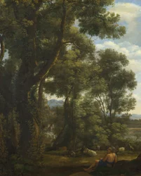 „Pejzaż z pasterem i kozami” (Pejzaż z pasterem i kozami) Obraz Claude Lorrain (1600-1682) ok. 1637 Olej na płótnie Wymiary 52x42 cm National Gallery, Londyn