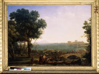 ""Scena bitwy na moście"" (Bitwa na moście (Bitwa między cesarzami Maksencjuszem i Konstantynem)) Bitwa między Maksencjuszem (Marcus Aurelius Valerius Maxentius) a Konstantynem I na moście Mulwijskim 28.10.0312 w pobliżu Rzymu. Obraz Claude