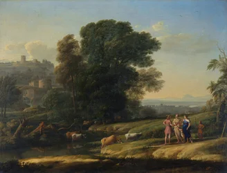 „Pejzaż z Cephalusem i Procris ponownie zjednoczeni przez Dianę” (Pejzaż z Cephalusem i Procris ponownie zjednoczony przez Dianę) Obraz Claude Lorrain (1600-1682) Olej na płótnie 1645 Dim 101,5x133 cm National Gallery, Londyn