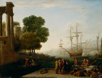 Port morski o zachodzie słońca