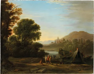 Francuski: Paysage avec personnages chargeant du bois sur un bateau Krajobraz z postaciami ładującymi drewno na łódź