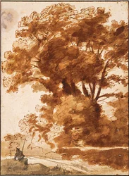 „Grupa drzew i odpoczywający pasterz” (Grupa drzew i odpoczywający pasterz) Rysunek Claude Lorrain (1600-1682) ok. 1630, wymiary 28,3x20,7 cm Albertina, Vienne