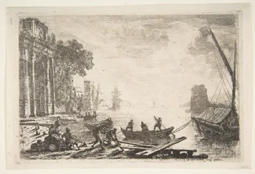 Scena portowa z wschodzącym słońcem, 1634.