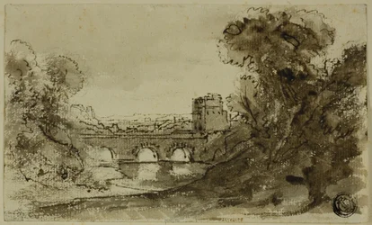 Italianate Krajobraz rzeczny z mostem i wieżą