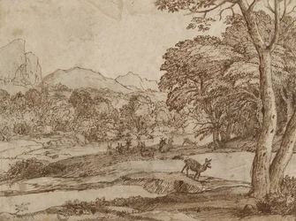 Pejzaż ze stadem jeleni, 1666 (czarna kreda, przetarta, długopisem i brązowym tuszem na poplamionym papierze o barwie złamanej bieli)