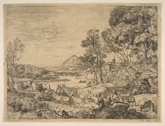 Pasterz i pasterka rozmawiają w krajobrazie, ca. 1651.