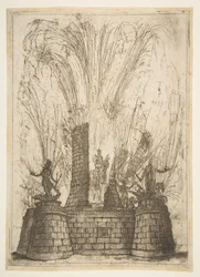 Okrągła wieża pękła, aby odsłonić posąg króla Rzymian, 1637.