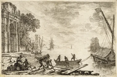 Scena portowa z wschodzącym słońcem, 1634