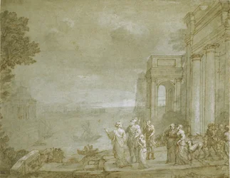 Widok Kartaginy z Dydoną i Eneaszem, 1676 (pióro i atrament z lawowaniem i kredą, podkreślone bielą na papierze)