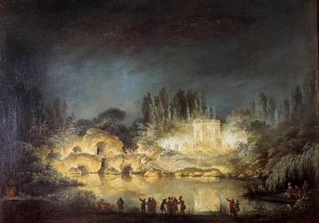 Iluminacja pawilonu Belweder w ogrodach Petit Trianon w Wersalu podczas uroczystości wydanej przez królową Marię Antoninę na cześć jej brata Józefa II (1741-1790) w sierpniu 1781 roku