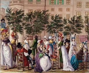 Moda pod zarządem: „Le petit Coblenz”, deptak Boulevard des Italians w Paryżu. Litografia Claude Louis Desrais (1746-1816) 1798. Paryż, Musee Carnavalet