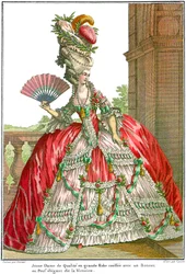 Francuska suknia dworska z szerokimi sakwami, 1778 r.