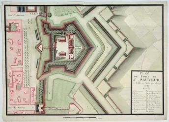 Fort Saint-Sauveur, Lille, 1728, z „Traite de Fortifications” (pióro i atrament i toaleta na papierze)