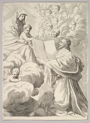 Kardynał Richelieu, klęcząc, przedstawia swoją księgę Dziewicy z Dzieciątkiem, ca. 1646.