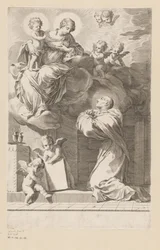 H. Bernard klęczący przed objawieniem Matki Boskiej z Dzieciątkiem Strona tytułowa dla: Św. Bernard, Divi Bernardi Abbatis (...), 1640