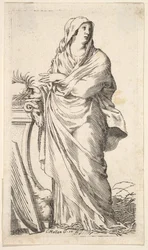 Kobieta w szacie stojąca przy cokole, w prawej ręce trzyma gałązkę palmową, harfę r..., ca. 1620-88.