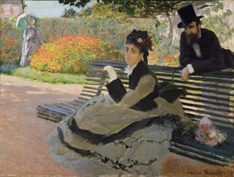 Camille Monet na ławce w ogrodzie