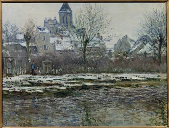 Efekt śniegu w Vetheuil lub obraz „”Eglise de Vetheuil, neige” Claude